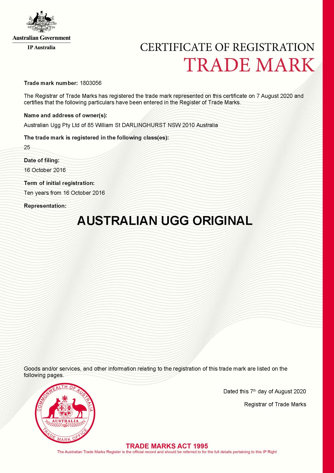 AUSTRALIAN UGG ORIGINAL Trade Mark Certificate 1803056