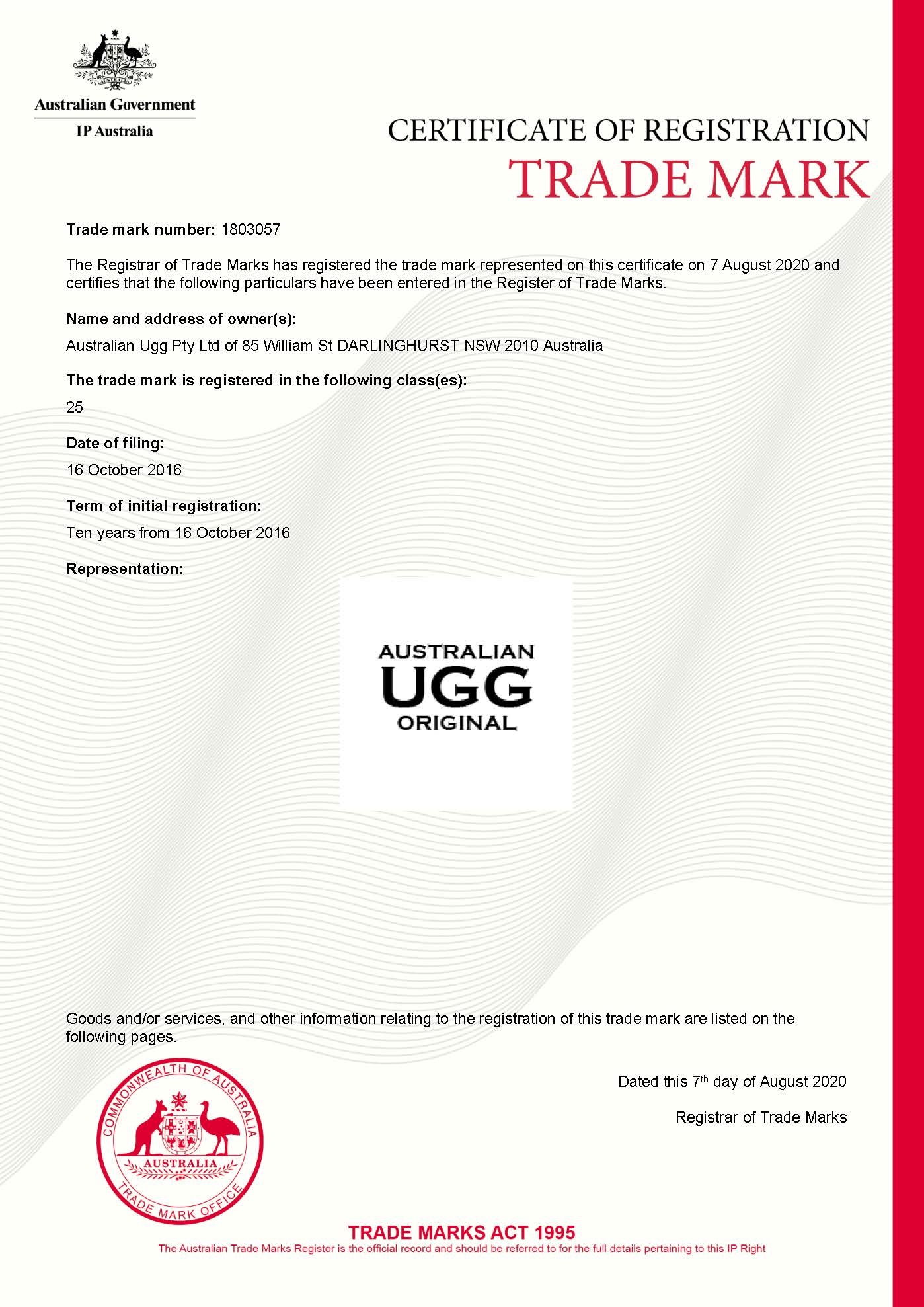 AUSTRALIAN UGG ORIGINAL Trade Mark Certificate 1803057